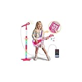 Kids Guitar and Microphone Set, Microphone with Stand and Color Light, Toy Guitar with Strap and Adjustable Volume, Toddler Musical Instrument for 5-9, Kids Karaoke Machine for Boy Girls (Pink)