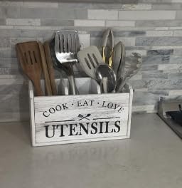 Farmhouse Cooking Utensils Organizer – Kitchen Utensil Holder Rustic Solid Wood Countertop Utensil Holder, 3 Compartment Spoon Holder for Kitchen Decor Farmhouse Cooking Utensils Organizer – Kitchen Utensil Holder Rustic Solid Wood Countertop Utensil Holder, 3 Compartment Spoon Holder for Kitchen Decor