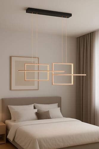 Image of Modern Geometric LED Pendant Chandelier Light | Rectangular Frame Hanging Ceiling Lamp | Warm White Decorative Linear Lighting Fixture | Premium Gold Finish | Ideal for Dining Room, Kitchen Island