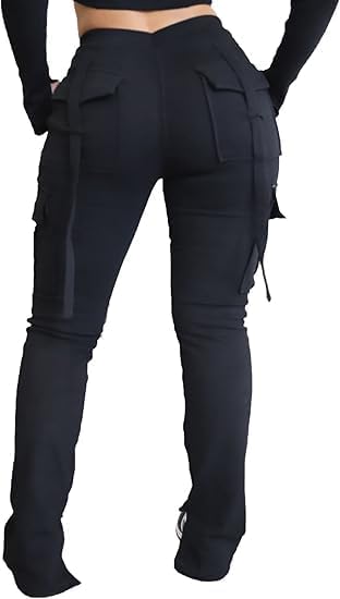 Molisry Women's Flare Cargo Sweatpants Casual High Waisted Split Stacked Leggings Workout Joggers with Pockets - Image 3