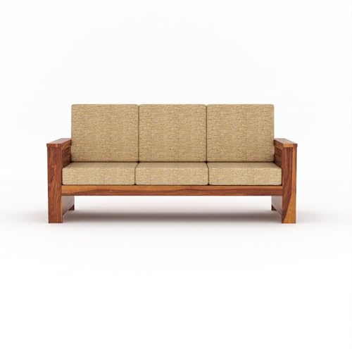 Image of Sheesham Wooden 3 Seater Sofa for Living Room | Rosewood 3 Seater Cushion Sofa Side Half Moon Rack | Solid Wood Sofa Set for Lounge (3 Seater,Honey)
