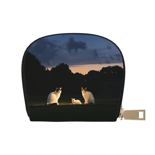 Felines at Twilight Print Credit Card Holder, PU Leather Small Card Bag Wallets with Zipper for Women Men id Business Card
