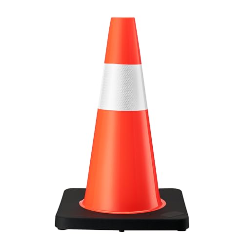 Wiltec Cono de tráfico 49 cm PVC resistente con cinta reflectante, base de goma para estabilidad, color naranja brillante para alta visibilidad, ideal para obras, seguridad vial y control de tráfico