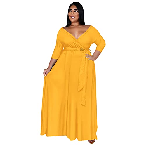 Image of Nmoder Plus Size Maxi Dress for Women - Summer Casual 3 /4 Sleeve Floral Flowy Long Dress with Belt XL- 6XL