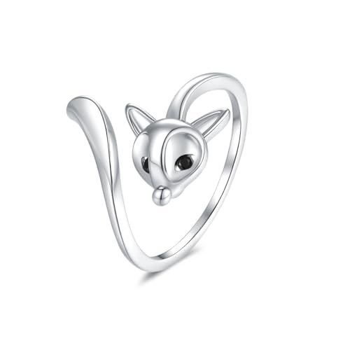 Minimalist Crystal Fox Head Open Ring for Women Silver Gold Plated Adjustable Stacking Animal Tail Band Wrap Finger Rings Comfort Fit Simple Fashion Holiday Halloween Jewelry