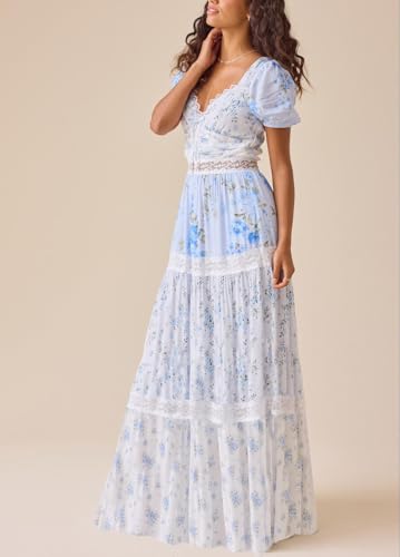 Image of Women Patchwork Dress Y2k Floral Puff Short Sleeve Maxi Dress Summer Boho Smocked Tiered Ruffle Beach Sundress