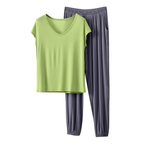 Image of HGps8w Women's Modal Soft Summer Pajamas Sets, Loose V Neck Short Sleeve Top Joggers Pants Matching 2 Piece Lounge Outfits