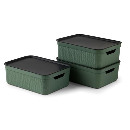 JIVE 3er Set Aufbewahrungsbox mit Deckel 10 l, Kunststoff (PP recycelt), mit Flechtmuster, grün, 3x10l (36,5 x 26,5 x 13 cm)