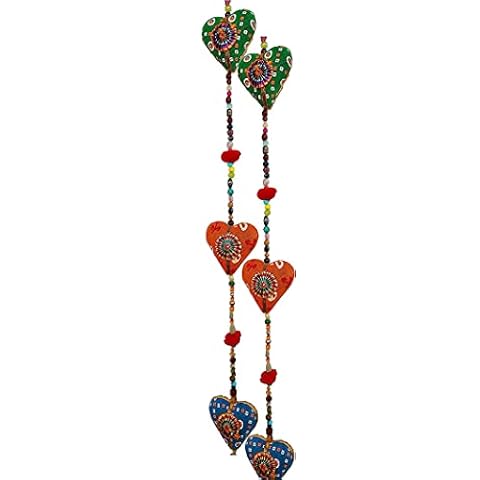 FIKIMOS Door Hanging Decorative Cotton Heart in Vibrant Color Stringed with Beads and Bell Traditional Indian Hanging Decoration 2 Layer Cover