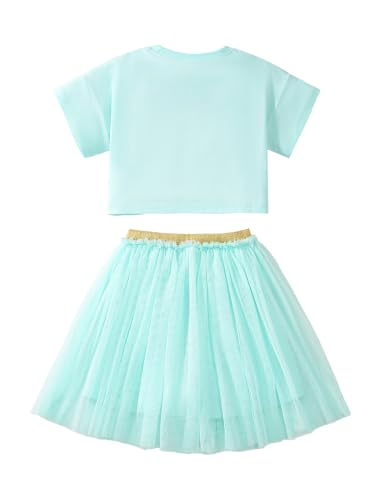 Image of HILEELANG Girls Skirt Set 2 Piece Outfit Cotton Tee Tulle Skirt Set | Soft Cotton Tee, Applique Detail, Layered Tulle Skirt with Lining, Lightweight Comfort for Toddler Little Girls