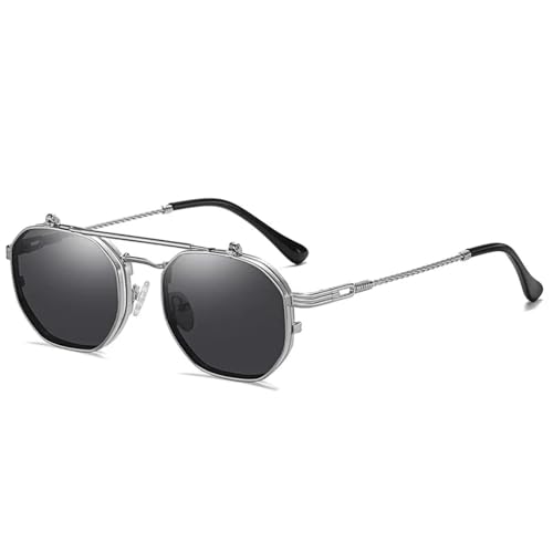 Lunettes de soleil polygone punk en métal précieux à double verres flip-up amovibles