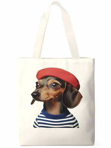 Canvas Tote Bag, Watercolor Dog with Hat Print Aesthetic Canvas Tote Handbags for Women Shoulder Bag,