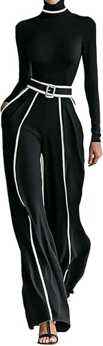 Womens Turtleneck Two-Piece Set, Bodycon Top & Wide Leg Pants,