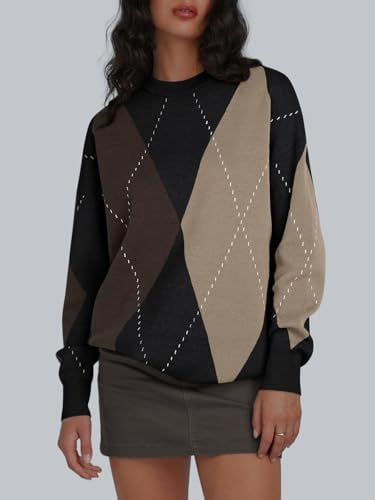 Trendy Queen Women's Color Block Argyle Plaid Oversized Chunky Knit Crewneck Sweaters 20252