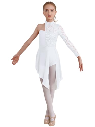 IEFIEL Vestido de Patinaje Artístico para Niña Manga Larga de un Hombro Maillot con Falda Gimnasia Rítmica Vestido de Baile Latino Jazz X Blanco 14 años