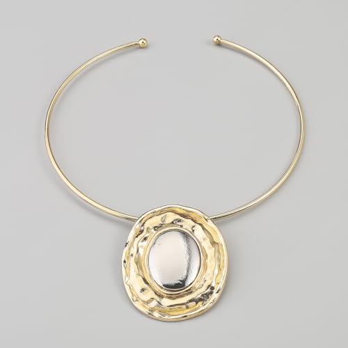 Fashion Chunky Statement Necklaces - African Choker Necklace with Gold Oval Pendant,Tribal Collar Necklace Hammered Metal Jewelry for Women2
