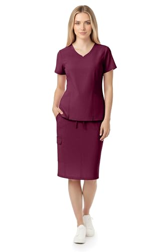 MediChic Womens Premium Medical Uniform Skirt Set V-Neck Scrub Top & Scrub Skirt Soft Stretch Fabric 4-Way Stretch Lightweight Nursing Scrubs with 6 Pockets