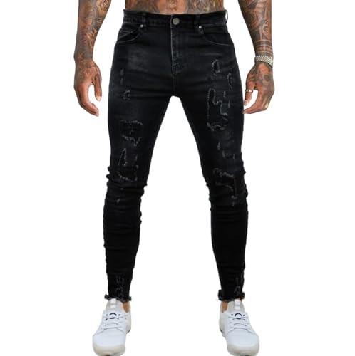Jeans Pants Trouser Denim Ripped Hole Street Trendy Black Elastic Tight Fit Men