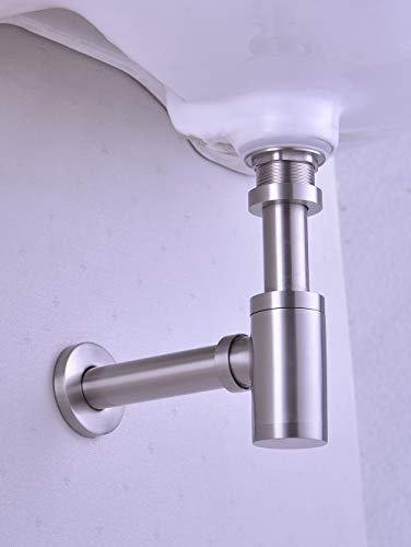 GORDEE Bathroom Sink Stopper P-Trap Complete Set Adjustable Bottle Trap Solid Brass Sink Drain Kit Tube and Pop Up Drain Stopper Set with Overflow, Brushed Nickel Silver