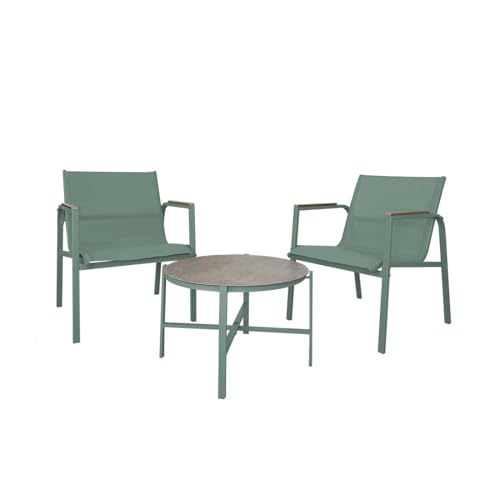 Acomoda Textil – Conjunto Jardín de 2 Sillones + Mesa de Acero Resistente, Decorativo y Ligero. Asiento para Exterior en Patio, Balcón y Terraza de Fácil Instalación. (Verde, 3 Piezas)