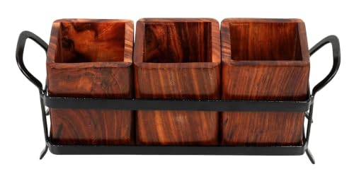 Image of Wooden and Iron Cutlery Holder, Cutlery Set For Dining Table, Spoon Stand For Kitchen, Utensils Holder For Kitchen, Multipurpose Organizer Stand (Set of 3) | Vervique Emporium Wooden Cutlery Holder with Removable Compartments