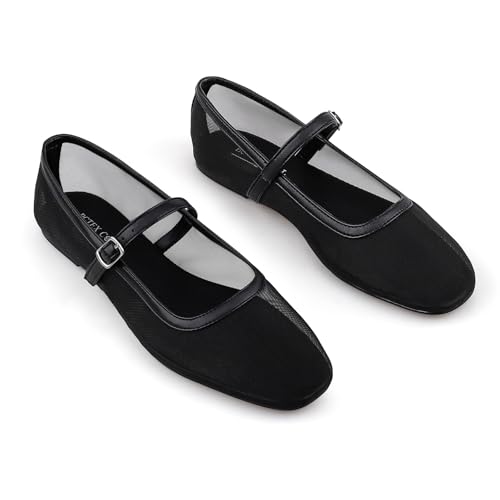 BCTEX COLL Black Mesh Ballet Flats Mary-Jane Ballerina Flats Square Toe Dressy Casual Shoes with Buckle Strap, Size 84