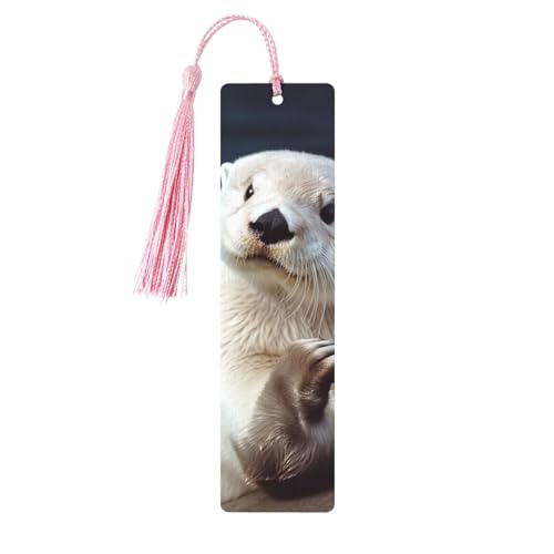 ホワイトカワウソ しおり タッセル付き 木製 しおり 女性用 男性用 ハンドメイド ブックマーク 本好き向け 読書ページ マーカー 木製タグ オーナメント 誕生日 教師 ギフト