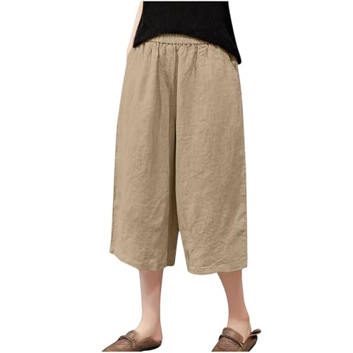 Cotton Linen Pants for Women Capri Pants Stretch Pull-on Cropped Pants Casual Straight-Leg Lounge Pants with Pockets