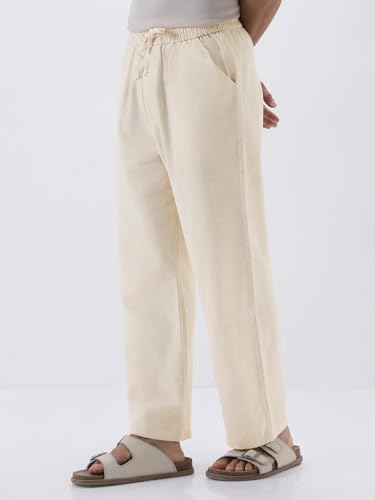 Image of Urbano Fashion Men's Loose Fit Solid Linen Blend Trousers Non-Stretchable