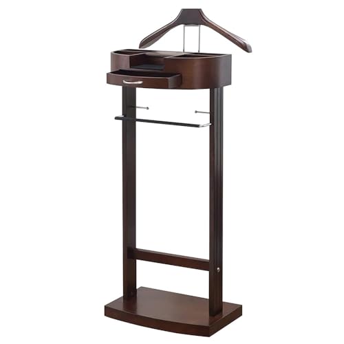 Soporte de madera para ropa con cajón y bandeja superior, soporte para trajes con base resistente, soporte para ahorrar espacio, para entrada, oficina, sala de estar, 43 x 34 x 106 cm