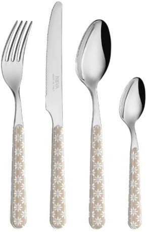 NEVABISTROT Vintage Floral Cutlery Set, 24 Pieces, Stainless Steel Cutlery Set, Dishwasher Wash, Permanent Decoration, Taupe Daisies