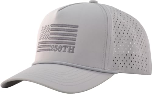 jpdb 250th Anniversary USA Flag Golf Hat Mens Laser-Cut Snapback Baseball Cap 4th July Patriotic Embroidered American Flag Trucker Hat Breathable Sports Cap Grey