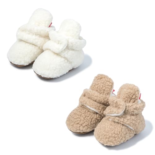Image of Babelvit Newborn Baby Boy Girl Soft Fleece Booties Stay On Infant Slippers Socks Shoe Non Skid Gripper Toddler First Walkers Winter Ankle Crib Shoes