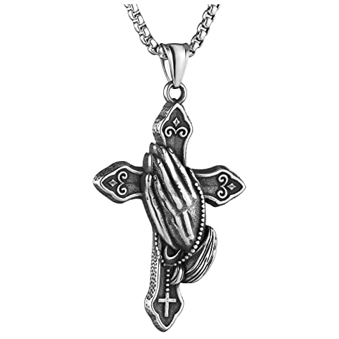 HZMAN Stainless Steel Praying Hand Cross Necklace for Men Women Jesus Christian Crucifix Cross Religious Amulet Pendant Gift, No Gemstone Cover