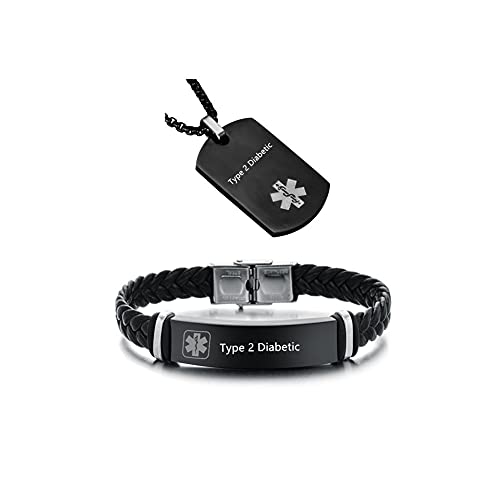ZKXXJ Medical Alert ID Necklaces and Bracelets Set for Men Women Type 2 Diabetic Stainless Steel Medic Identification Pendant Necklace Dog Tag & Leather Cuff Bracelet Allergy Awareness Jewelry
