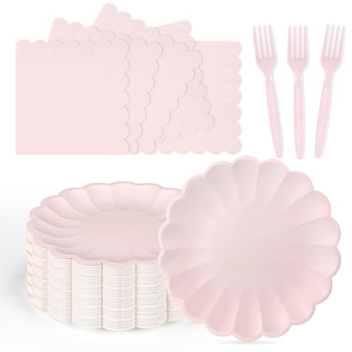 75 Pcs Pink Paper Plates and Napkins Disposable Tableware Set Include Light Pink Scalloped Plates with Shell Edge Napkins & Plastic Forks for Wedding Baby Shower Birthday Party Serve for 25 Guests
