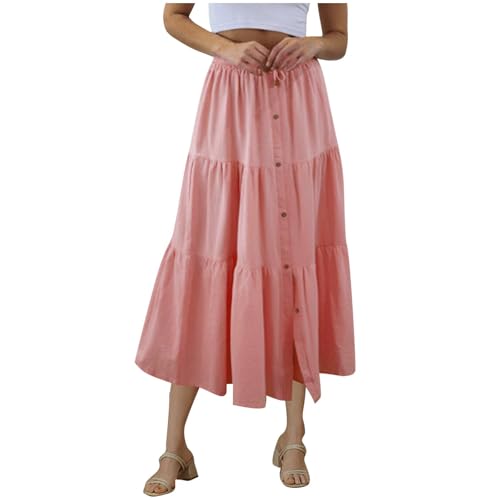 Summer Skirts for Womens Casual Front Button A-Line Flowy Long Skirt Pleated High Waisted Casual Tiered Maxi Skirts Pink