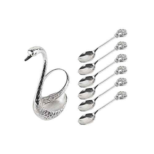 Coffee Dessert Spoon Set, Decorative Coffee Spoon Organizer Serving Kit with Metal Swan Base Holder 6 Spoons Suitable for offee, Fruit,Dessert,Sugar,Ice Cream,Household Tableware (Silver)
