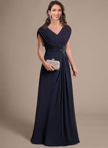 Cap Sleeves Mother of Bride Dresses for Wedding Sparkly Beaded Ruched V Neck Chiffon Evening Dress for Women3
