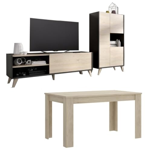Mobelcenter, Conjunto de Salón Ness Plus, Incluye Mueble TV, Aparador Bufet Comedor y Mesa de Comedor Extensible, Acabado Color Grafito y Natural (P0042)