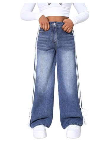 Verdusa Girl's Y2k Bow Baggy Jeans Striped Wide Leg High Elastic Waist Denim Pants