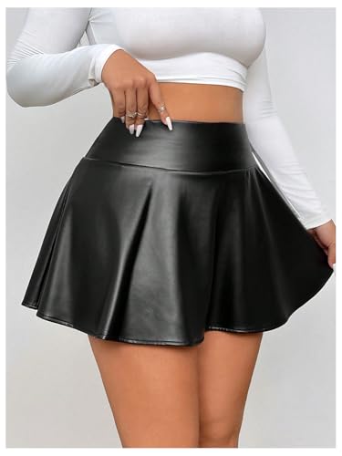 WDIRARA Women's Plus Size High Waisted Flared PU Leather Skirt A Line Short Skirts with Phone Pocket4