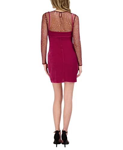 Bcbgeneration Women's Fitted Mini Cocktail Dress Bodycon Adjustable Spaghetti Strap Mesh Long Sleeve Crew Neck, Cordovan, X-Small #TOP2