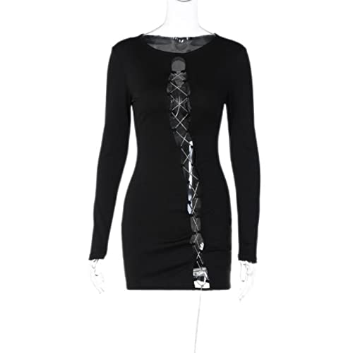 WEITING Mini robe noire ajourée pour femmes, robe de soirée avec chaîne de diamants, col rond, manches longues, robe courte moulante sexy - noir, M