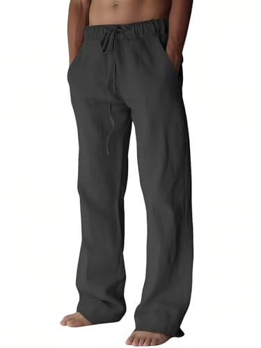 Image of PIDOGYM Mens Cotton Linen Pants Beach Casual Pajama Pants with Pockets | Elastic Waist Drawstring, Lightweight, Wide Leg Loose Design, Vacation Summer Outfits, Baggy Dress Trousers, Yoga for Women