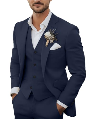 3-teiliges Herren-Anzug-Set aus Leinen, lässig, leicht, Blazer, Jacken, Westen, Hosen, Set für Hochzeit, Business, Abschlussball, Anzug, Tiefes Blau, L
