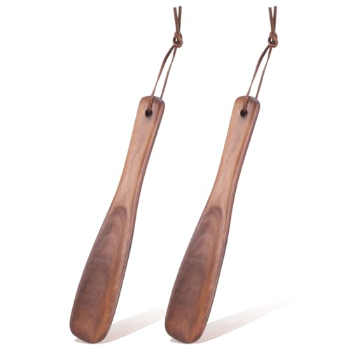 Aysatogc 2PCS Wooden Shoe Horn, Short Handle Wood Shoehorn with Leather Lanyard Non Slip Shoe Lifter for Seniors Pregnancy Men Women Kids, Black Walnut