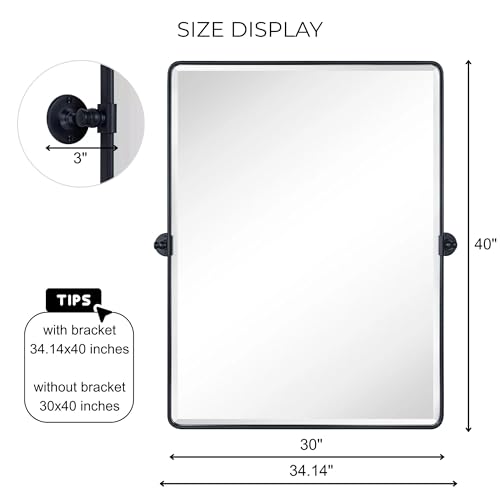 Image of TEHOME Pivot Mirror Matt Black Tilt Vanity Mirror Large Black Metal Framed Rectangle Tilting Beveled Vanity Mirrors for Wall, Vertical Hanging, Overall 34.14 x 40 inches (Mirrror 30 x 40 inches)