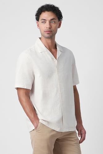 Image of Peter England Men's Casual Half Sleeve Resort Collar Shirt in 100% Cotton Seersucker with Striped Design