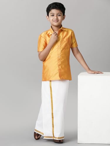 Image of RAMRAJ COTTON Boys Silk Cotton Shirt With Adjustable Cream Dhoti Perfect For Ceremonies| Festivals| And Special Occasions